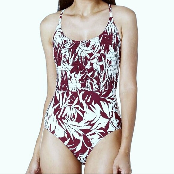 Catalina Smocked Lace Up Back One Piece Swimsuit Burgundy White Leaf Print Small - Picture 1 of 12